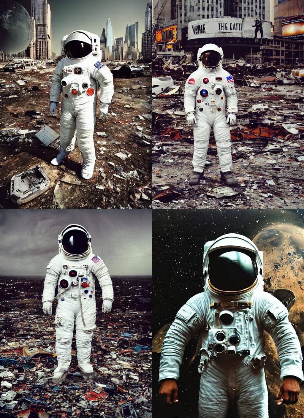 Prompt: american white spacesuit astronaut with oversized helmet in postapocalyptic abandoned destroyed times square, wrecked buildings, destroyed flipped wrecked cars, giant crater in distance, polaroid photograph!, specks, dirty, stains, dramatic dark imax color still