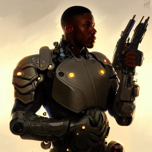 Image similar to ultra realistic illustration, a african american male cyborg soldier, intricate, elegant, highly detailed, digital painting, artstation, concept art, smooth, sharp focus, illustration, art by artgerm and greg rutkowski and alphonse mucha