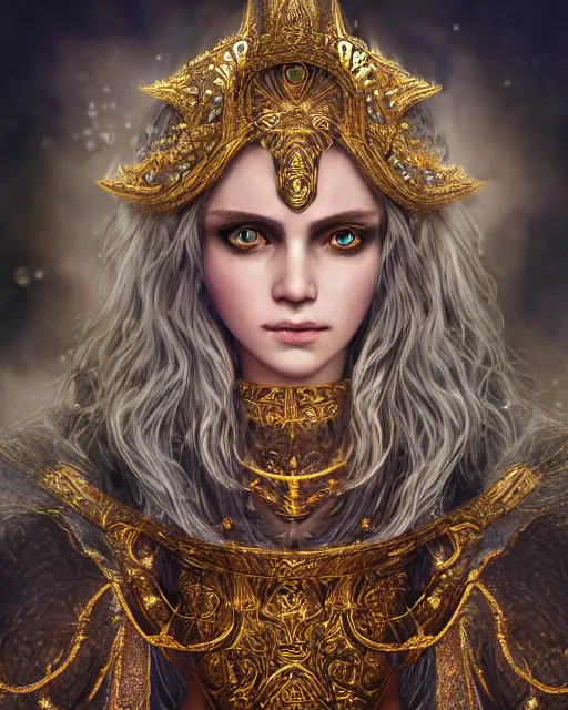 Image similar to highly detailed sharp photorealistic portrait of a beautiful female priestess with shimmering hair, symmetrical face and eyes, dressed in intricate silk, lined with golden glowing georgian words, cgsociety, Elden Ring, Dark Souls, Bloodborne