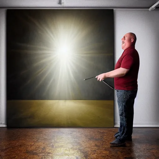 Image similar to high quality high detail painting by john salt, realistic peter griffin from family guy standing in a basement with concrete floor. light ray from a blurry window, floating dust, motion blur, gloomy, stippled walls, cinematic shot, epic, realistic, 4 k, perfectly defined features