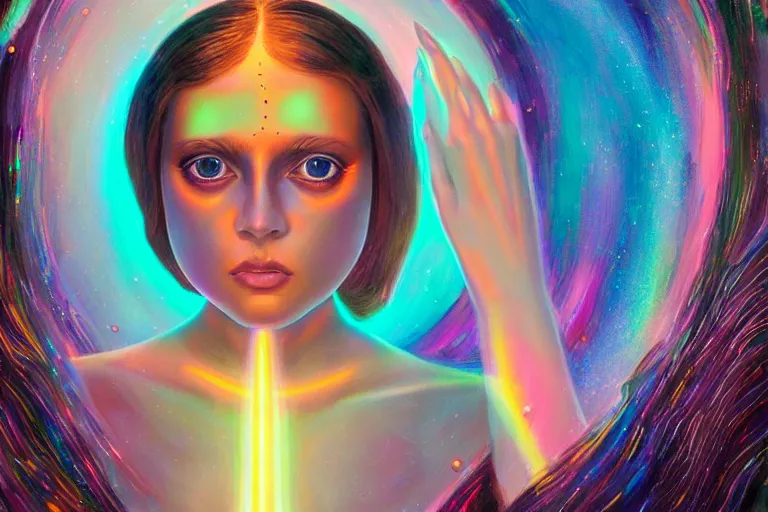 Image similar to patron saint of 🛸🌈👩🏾, futuristic iridescent clothing, wormhole, nebula, black hole, multiverse, neon god of city character portrait, in the style of margaret keane, moebius, tom bagshaw, and waterhouse, cinematic lighting, beautiful, elegant, oil painting,