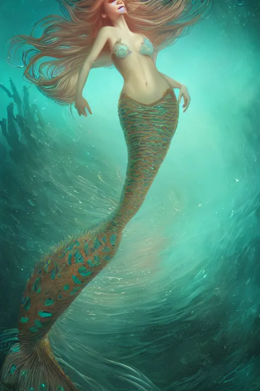 Image similar to beautiful elegant mermaid swimming through bioluminescent algae coral reefs by charlie bowater, ultra detailed, 8 k, intricate