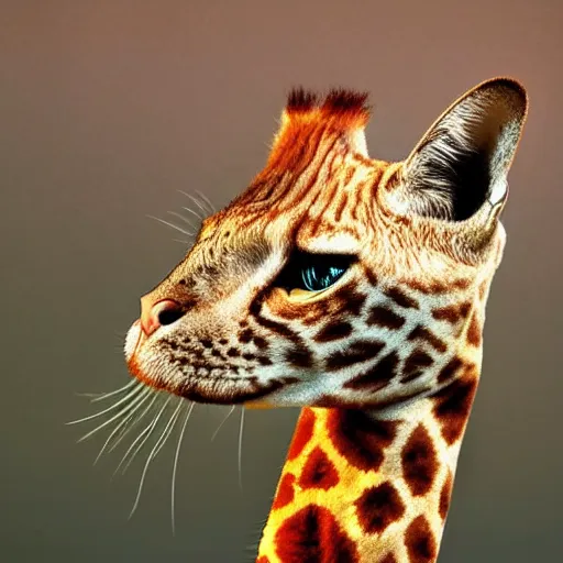 Prompt: cat giraffe hybrid, bold natural colors, national geographic photography, masterpiece, full shot, award winning