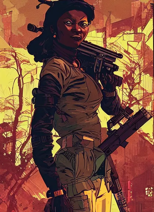 Image similar to selina igwe. cyberpunk mercenary with scenic background. portrait illustration, pop art, art by ashley wood, alphonse mucha, laurie greasley and josan gonzales. cinematic. beautiful lighting.