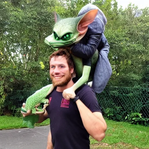 Prompt: Luke carrying a gremlin on his shoulders