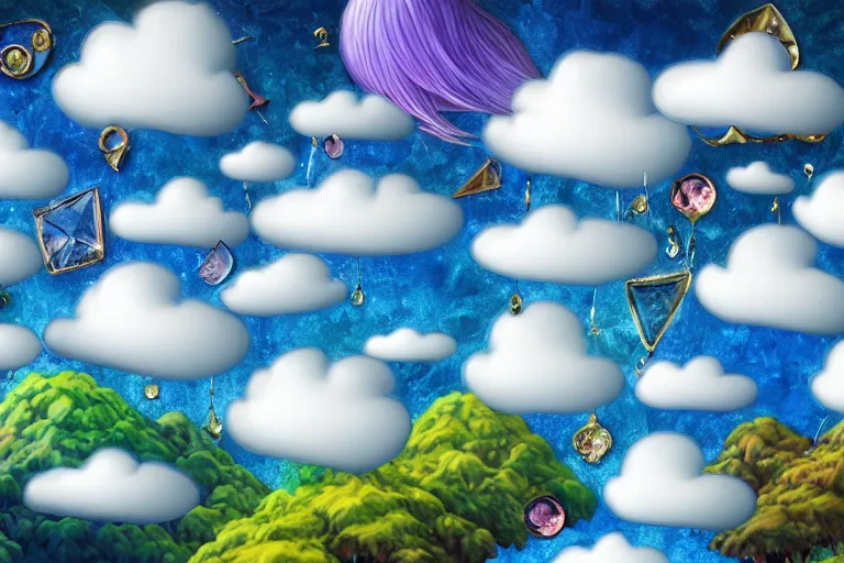 Prompt: a huge flock of many smooth plastic puffy filigreed clouds. whirling ultra detailed gemstone crystals, art nouveau jungle environment, playful, award winning art, epic dreamlike fantasy landscape, ultra realistic,