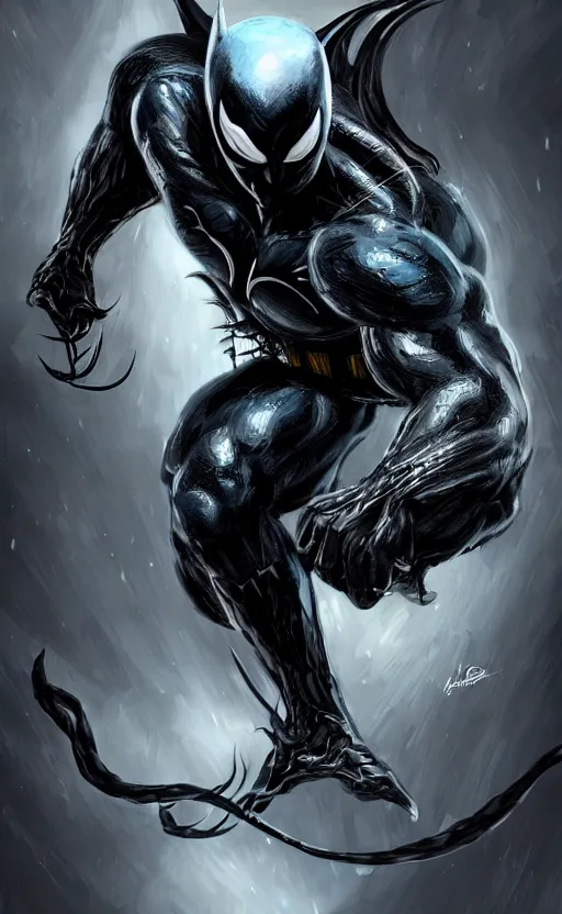 Image similar to venom as batman, dynamic lighting, photorealistic fantasy concept art, trending on art station, stunning visuals, terrifying, creative, cinematic