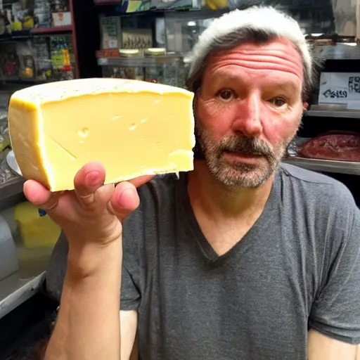 Image similar to photo of a very suspicious man holding cheese