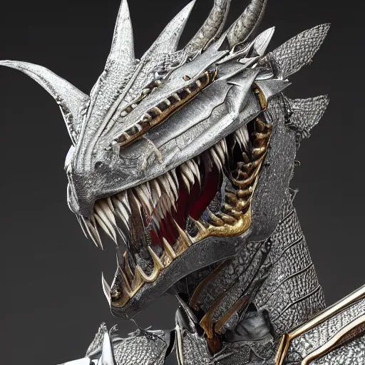 Image similar to highly detailed realistic stunning close up shot of a beautiful anthropomorphic female knight but as a dragon, doing a hot majestic pose, well designed female dragon head, armor made of steel, sharp claws, HD octane render, epic cinematography, fantasy, Artstation, Deviantart, Furaffinity