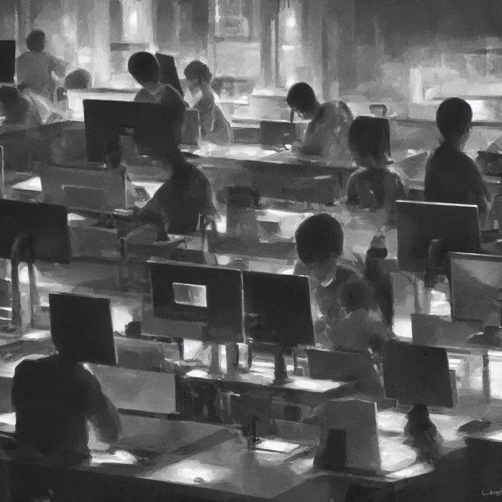 Image similar to computer club, dark image, highly detailed, digital painting, trending in artstation, concept art, smooth, sharp focus, art by max liebermann