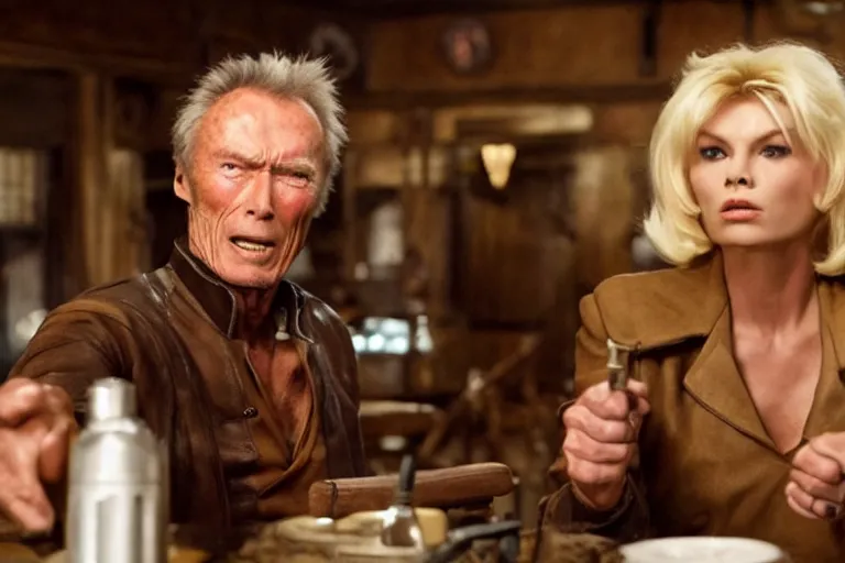 Prompt: film still of clint eastwood as blondie, aiming a colt in a tavern scene in new star wars movie 4 k