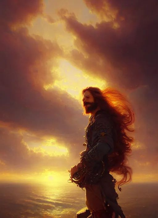 Image similar to portrait painting of a handsome rugged long hair crimson hair male pirate, soft hair steampunk ornate zeppelin in the sky sunset golden hour art by greg rutkowski gaston bussiere fantasy soft hair trending on artstation deviantart book cover art concept art key art dramatic volumetric lighting, 4 k, award winning