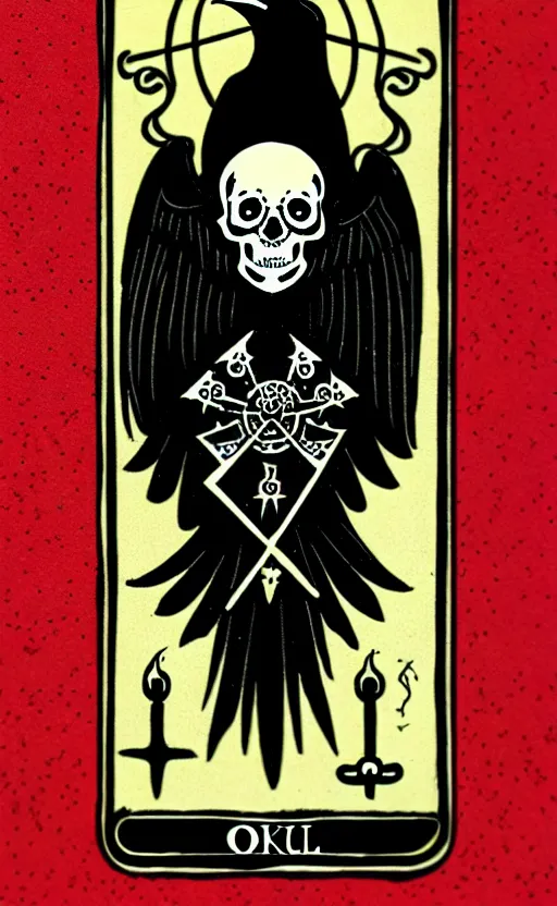 Prompt: occult skull, occult raven, tarot card illustration