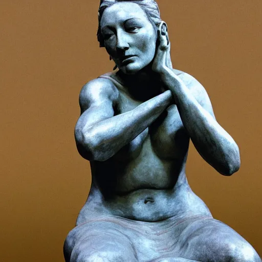 Prompt: sculpture of cate blanchett ,the thinker, by Augusts Rodin photorealism