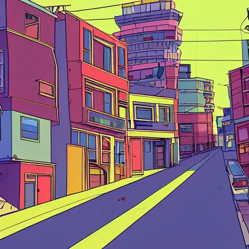 Image similar to city street, sloped street, city on tall hillside, street scene, colorful buildings, cel - shading, 2 0 0 1 anime, flcl, jet set radio future, golden hour, japanese town, concentrated buildings, japanese neighborhood, electrical wires, cel - shaded, strong shadows, vivid hues, y 2 k aesthetic