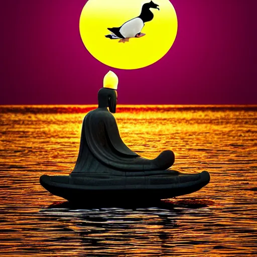 Prompt: the buddha riding a duck into the sunset