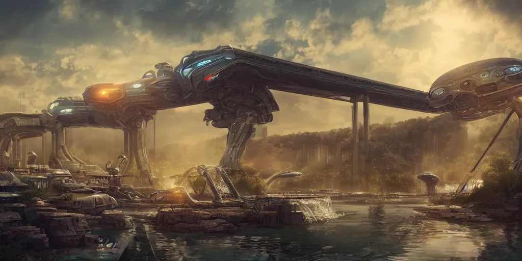 Image similar to alien spacecraft hovering over beautiful pool waterfalls surrounded by alien robots, steel archways, industrial buildings, rusty metal towers, sun setting, ross tran, fantasy, james jean,, cinematic lighting, digital painting, octane render