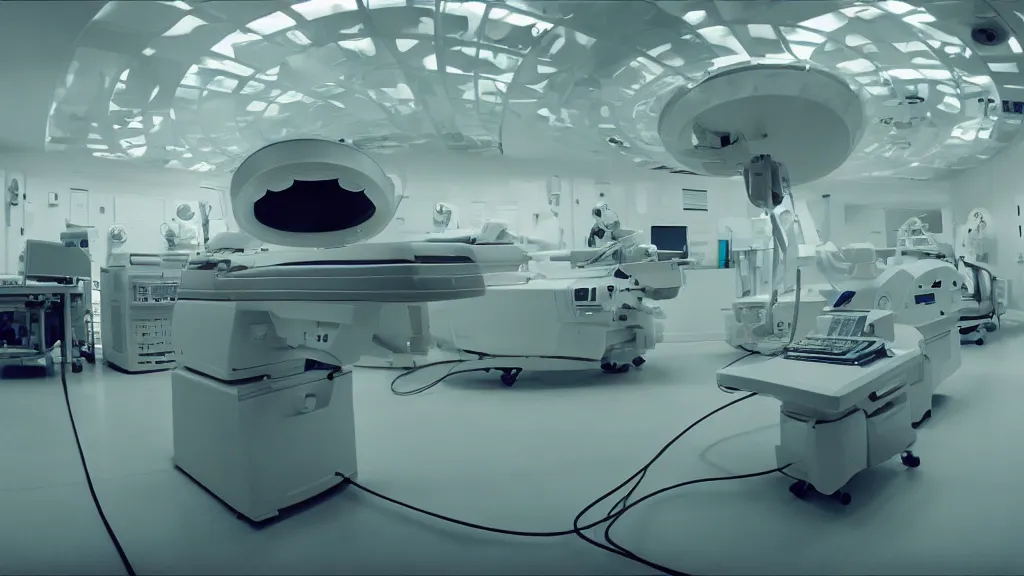 Prompt: a huge mri machine and control panels in the inspection room, film still from the movie directed by denis villeneuve with art direction by salvador dali, wide lens