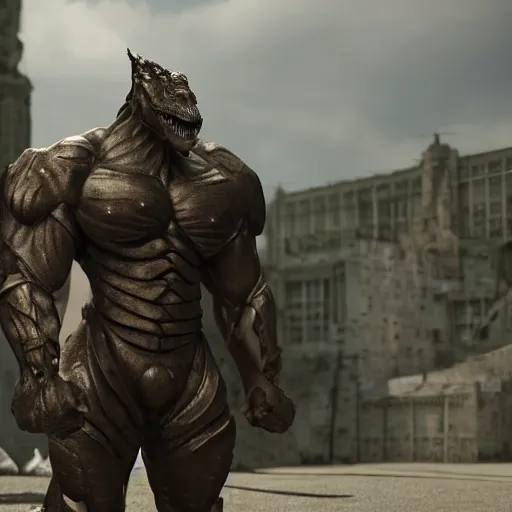 Image similar to 5 meters tall muscular dragon armored giant man in shorts, high definition movie, photorealistic detail, futuristic production, adventure movie, 8 k