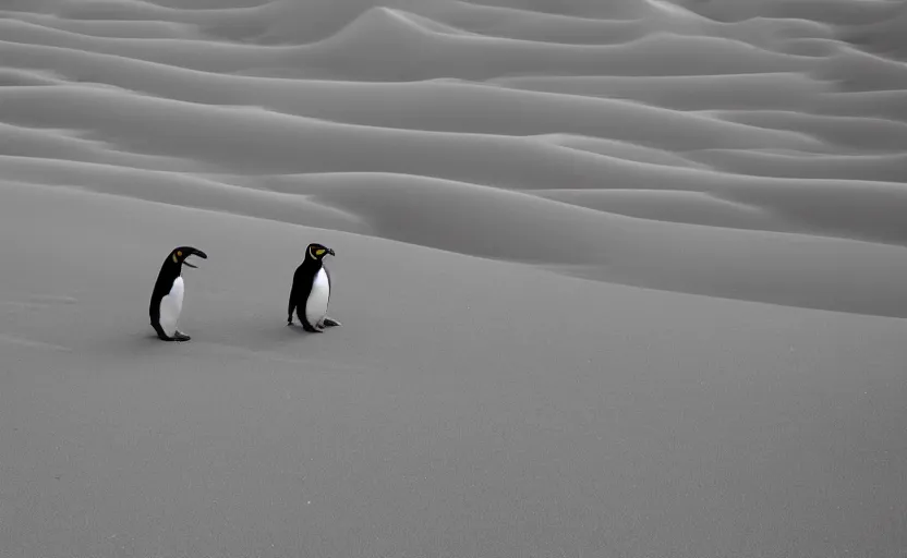 Prompt: confused penguins in sand dunes, photography