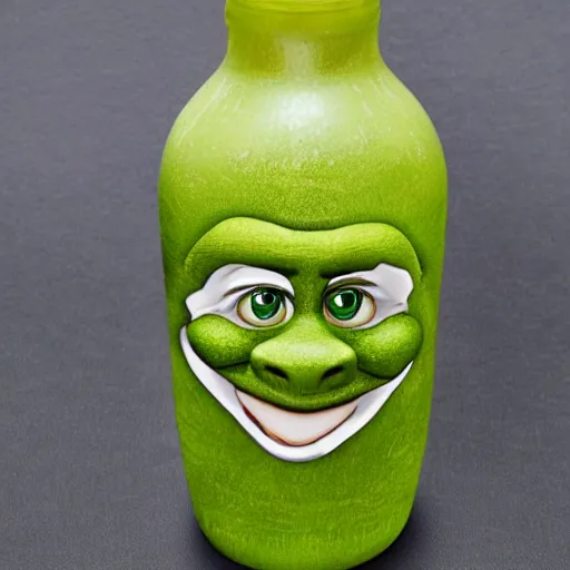 Prompt: a children's bottle inspired by shrek's design, a bottle n the shape of shrek, high quality product, product design