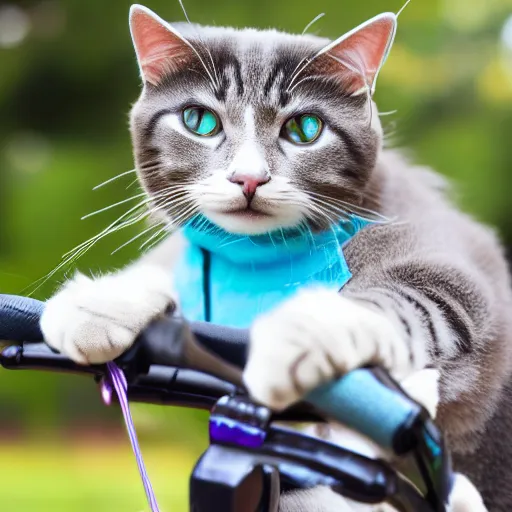 Prompt: cat on a bicycle, high quality product photo