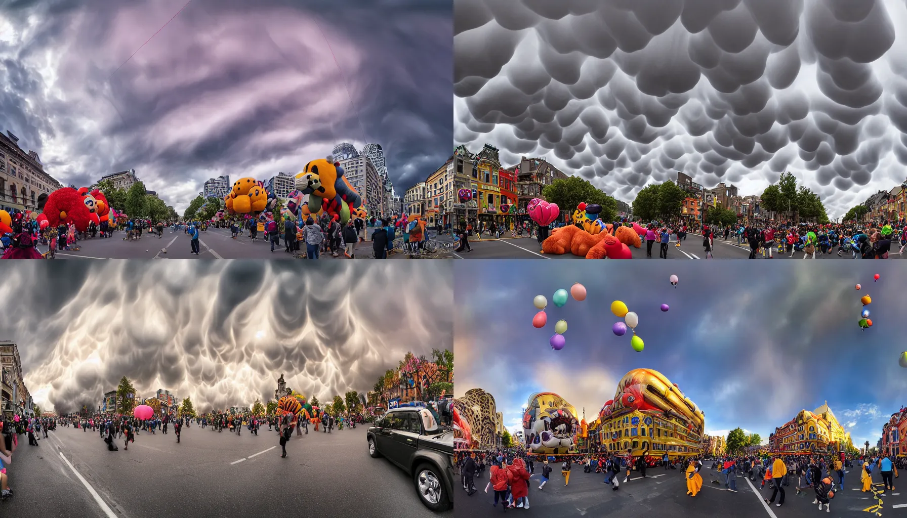 Prompt: a professional photograph of a very giant huge inflatable parade balloon of an very uncanny and unidentifiable furry animal that nearly fills a very beautiful city street. Mammatus clouds worms eye shot, wide-angle, racking focus, extreme panoramic, Dynamic Range, HDR, chromatic aberration, Orton effect, Photo by Marc Adamus, Ryan Dyar, Ezra Stoller, and Andres Gursky