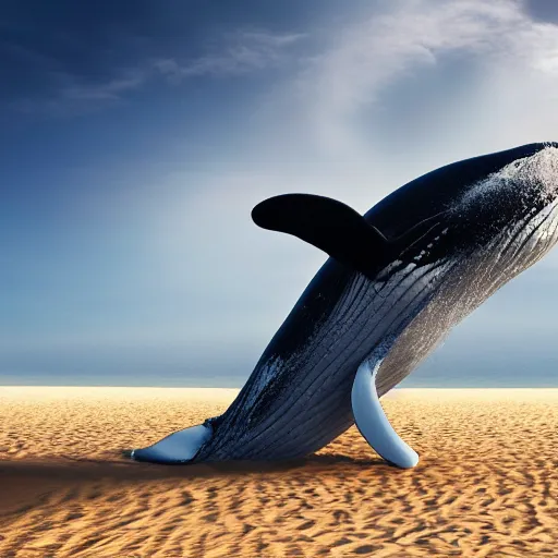 Image similar to a magic whale jumping out of the sand majestically, realistic, 4 k