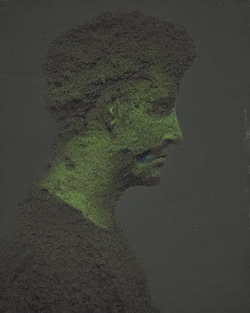 Prompt: a man's face in profile, made of moss, in the style of the dutch masters and gregory crewdson, dark and moody