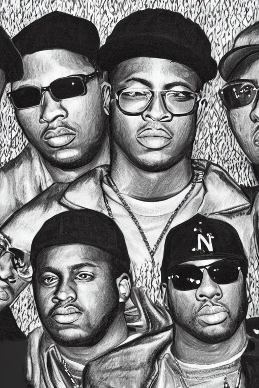 Image similar to a professionally drawn digital art image of the NWA rap group but they’re women, intricate, digital painting, trending on instagram, front photo, sharp focus, 1986 photo, award winning