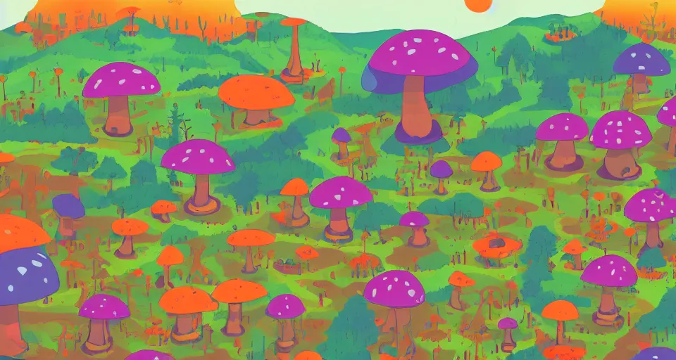 Image similar to A tribal village in a forest of giant mushrooms, by Kurzgesagt,