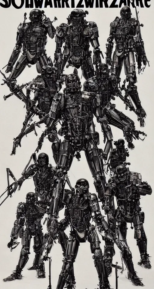 Image similar to Movie Poster for Schwartzlicht,about Chinese Russian Zombie Troopers Designed By Yasushi Nirasawa battle Japanese America Cyborgs Designed by Syd Mead and Giger, 1970s style, very detailed, text says: Schwarzlicht