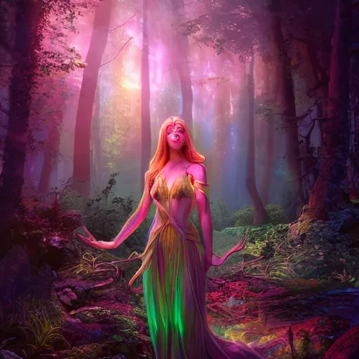 Image similar to Photorealistic elvish goddess in a magical bioluminescent forest Hyperdetailed photorealism, 108 megapixels, amazing depth, glowing rich colors, powerful imagery, psychedelic Overtones, 3D finalrender, 3d shading, cinematic lighting, artstation concept art