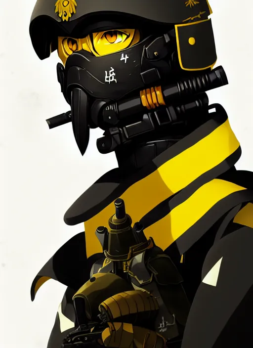 Image similar to anime portrait of a vicious helldiver scout soldier, black armor with yellow accents, full body illustration, head to toe, ilya kuvshinov, anime, pixiv top monthly, trending on artstation, cinematic, danbooru, zerochan art, kyoto animation