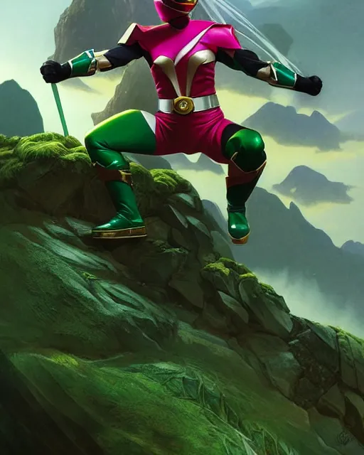 Image similar to power rangers theme, green ranger standing on top of a mountain , deep focus, D&D, fantasy, intricate, elegant, highly detailed, digital painting, artstation, concept art, matte, sharp focus, illustration, hearthstone, art by Artgerm and Greg Rutkowski and Alphonse Mucha