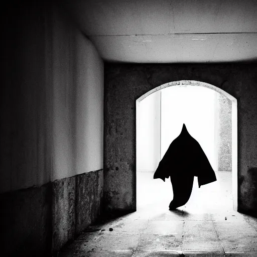 Image similar to black and white tri - x photograph of a hooded figure caught in the hallway of a rotting abandoned brutalism structure