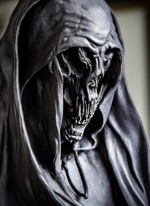 Image similar to photo taken of an epic intricate, ultra detailed, super realistic sculpture of a timeless hooded grim reaper sculpture on display in a workshop, created by weta, low angle, photorealistic, sharp focus, f 0. 4, golden ratio