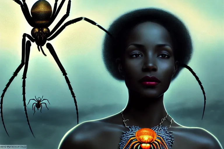 Image similar to realistic detailed photorealistic film portrait shot of a beautiful black woman with a giant spider, sci-fi city landscape background by Denis Villeneuve, Amano, Yves Tanguy, Alphonse Mucha, Ernst Haeckel, Max Ernst, Andrei Tarkovsky, Edward Robert Hughes, Roger Dean, necklace, dynamic pose, rich moody colours, wide angle, blue eyes