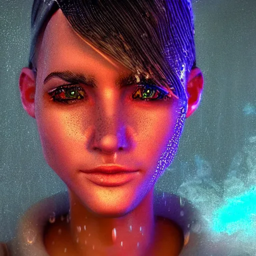 Image similar to cartoon portrait made out of rain exhaling smoke, realistic, highly detailed, neon, rendered in octane, unreal engine, beautiful, trending on artstation