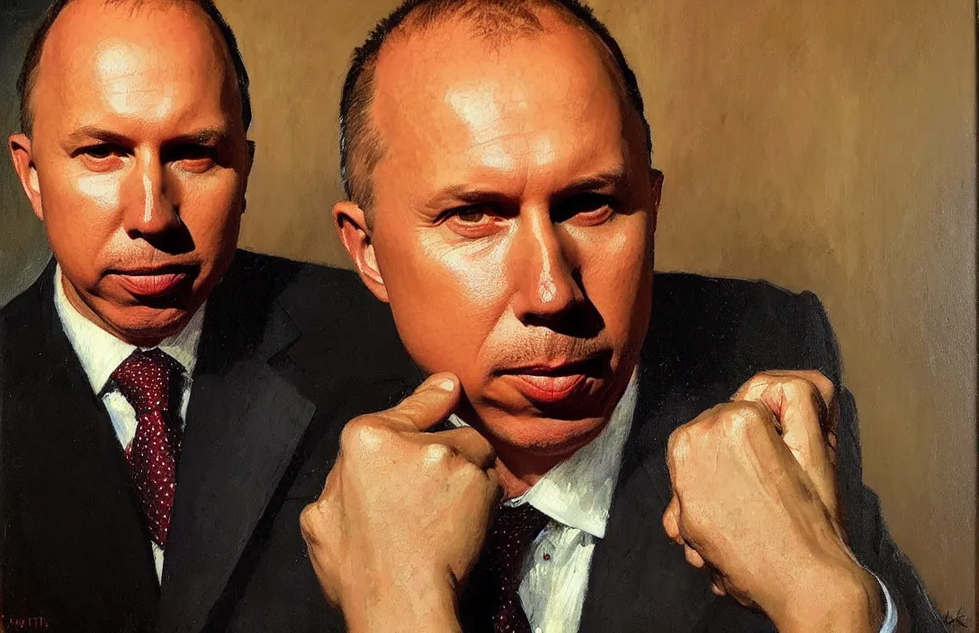 Image similar to portrait of peter dutton australian politician!!!!!!!!!!!!!!!!!!!!!!!!!!!, detailed face, detailed painting, epic lighting, by ilya repin, phil hale and kent williams