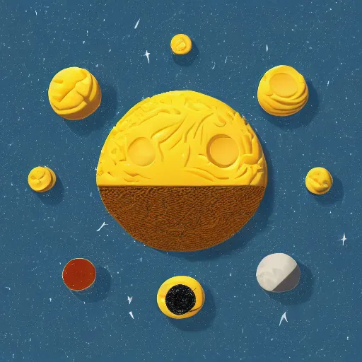 Image similar to an alien society on the moon made entirely from cheese. digital illustration. highly realistic and detailed.