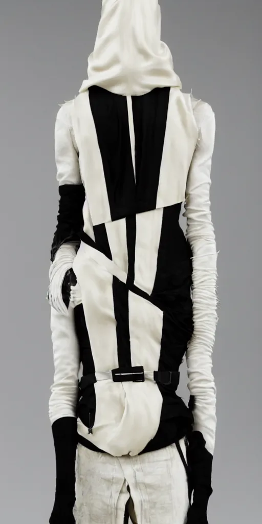 Prompt: ASYMMETRICAL ivory silk balaclava dip-dyed smooth gradient black and ivory with spiky black metal graphic, straitjacket straps and industrial hardware, designed by ann demeulemeester, junya watanabe, jun takahashi, and nancy grossman, 8k, hyperrealistic, desaturated