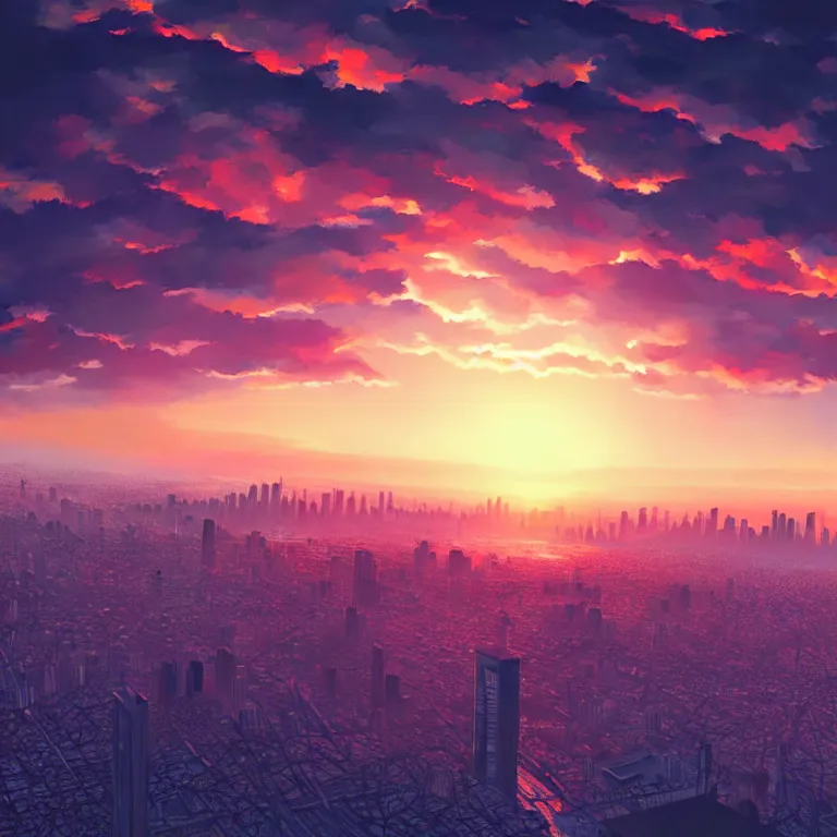 birdseye view of a sunrise over a city, art by | Stable Diffusion | OpenArt