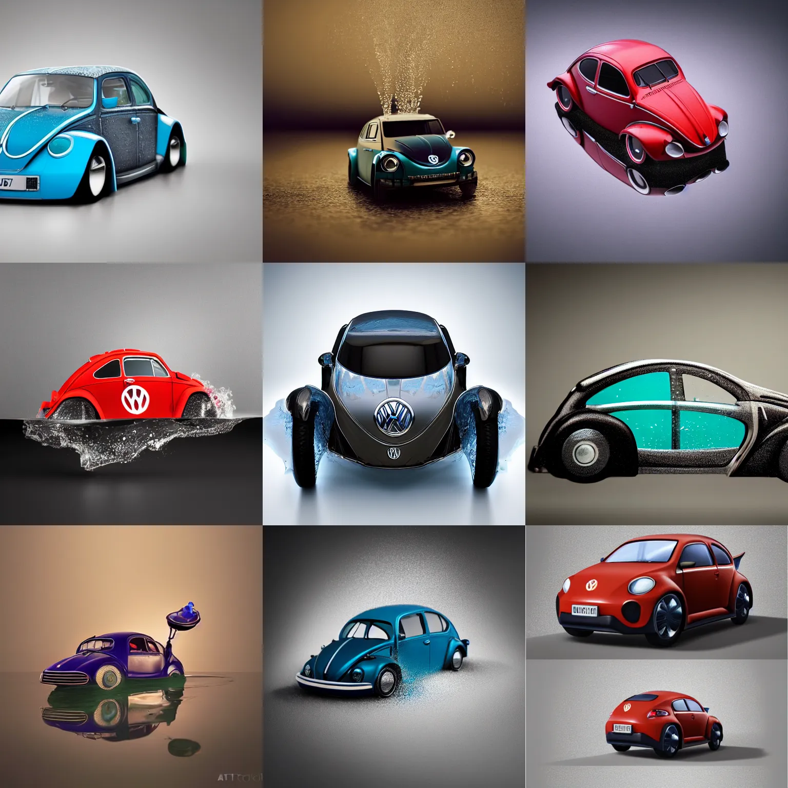 Prompt: water in the shape of a volkswagen bug, studio lighting, professional photography, trending on artstation