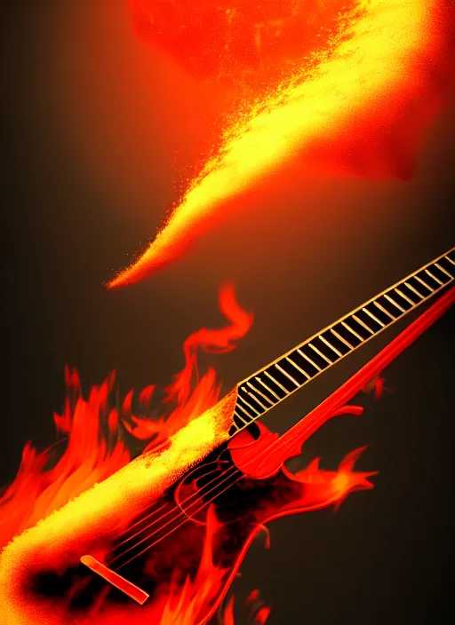 Prompt: guitar with fire magical dust as musical notes storm around, volumetric dust, cinematic lighting, photography artstation