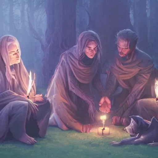 Image similar to acolytes using demonic candle lit summoning circle to summon a puppy by magali villeneuve and by wlop