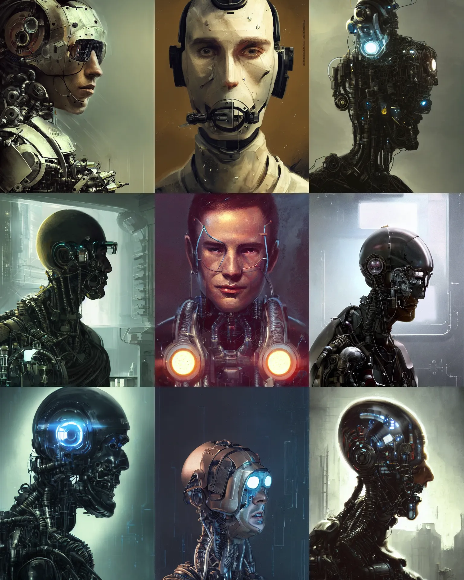 Prompt: a half - masked curious young laboratory engineer man with cybernetic enhancements as seen from a distance, scifi character portrait by greg rutkowski, esuthio, craig mullins, 1 / 4 headshot, cinematic lighting, dystopian scifi gear, gloomy, profile picture, mechanical, half robot, implants, steampunk