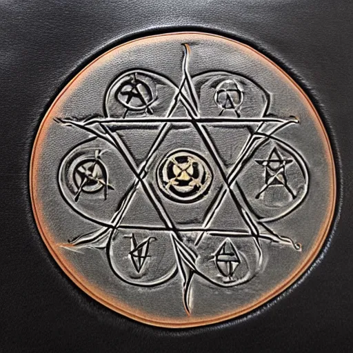 Prompt: alchemical diagram embossed on leather