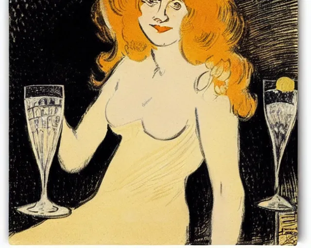 Prompt: theophile alexandre steinlen, blonde woman, realistic, a glass of champagne, cheerful, bright