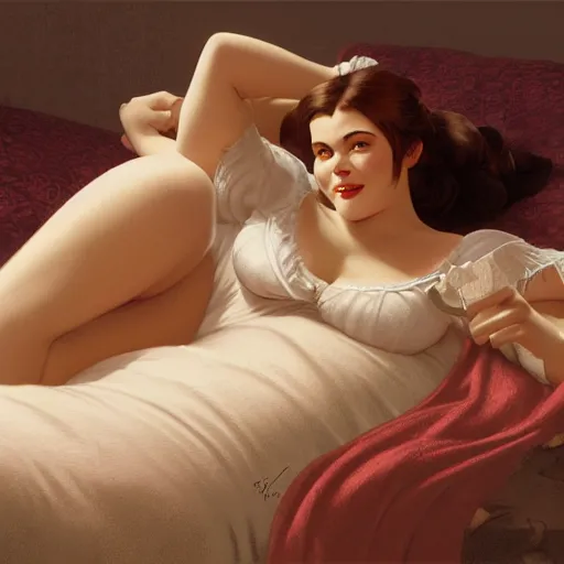 Image similar to Shrek lying on the bed in sleepwear, medium shot, intricate, elegant, highly detailed, digital painting, volumetric light, artstation, concept art, smooth, sharp focus, illustration, art by Gil Elvgren and Greg Rutkowski and Alphonse Mucha, 8K